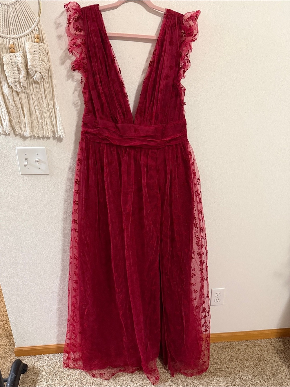 NWT Altar’d State Deep Red Tulle Maxi Dress with Plunging V-Neck